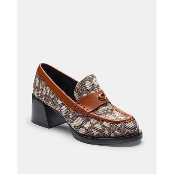 Coach Natalie Jacquard Loafer Pumps Size 9 Cocoa Brown Block Heel Slip On - Picture 1 of 11